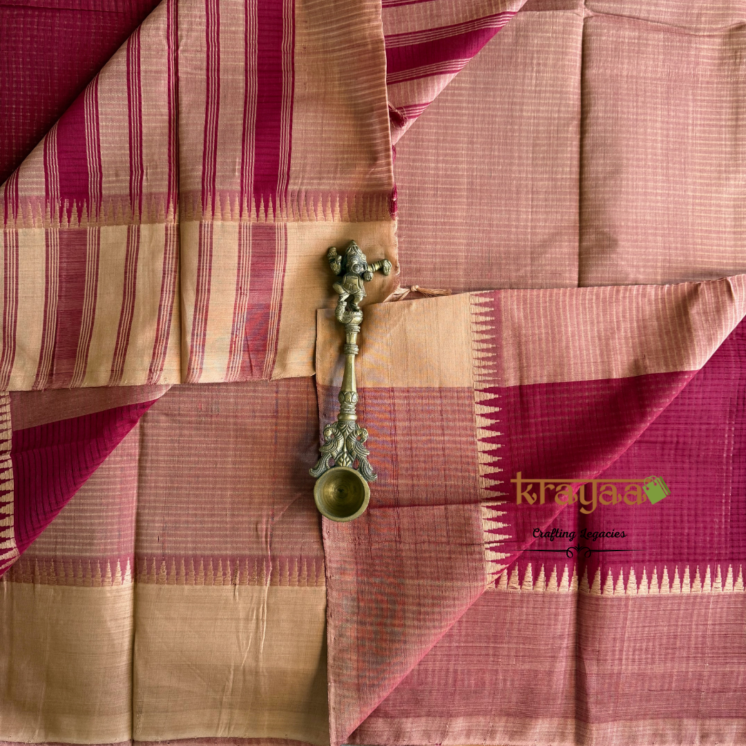 Maroon Cotton Saree With Thread Border In Beiege