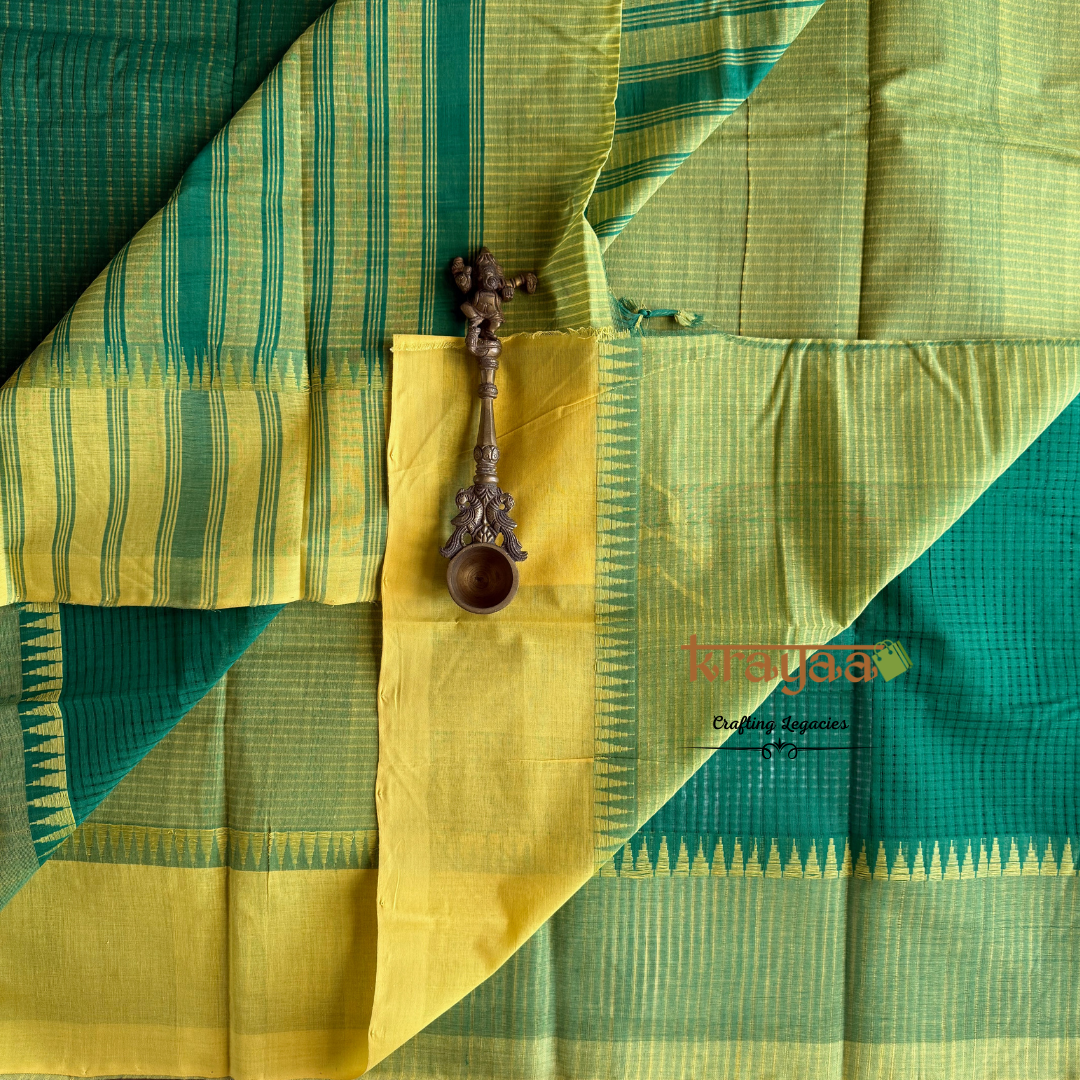 Dark Green Cotton Saree With Thread Border In Light Green