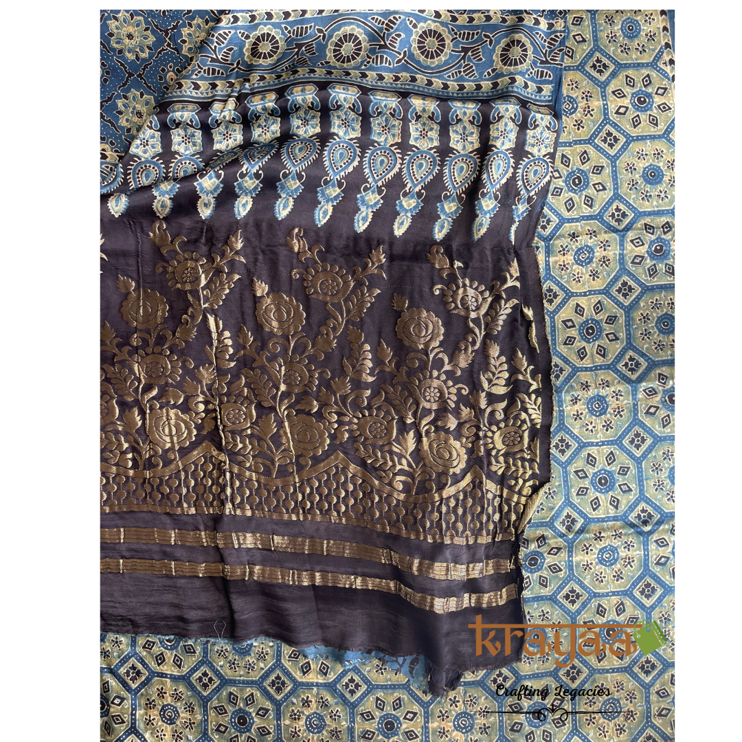 Hand block printed Ajrakh on Modal Silk Saree