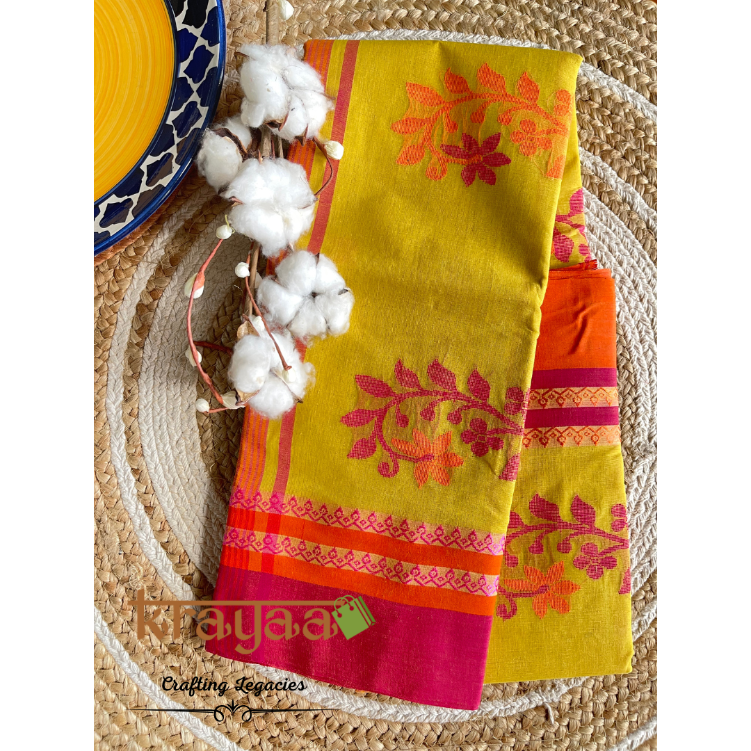 Yellow - Hand woven - Bengal Cotton Saree