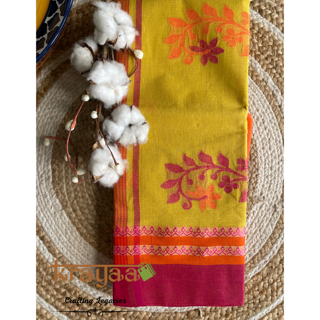 Yellow - Hand woven - Bengal Cotton Saree