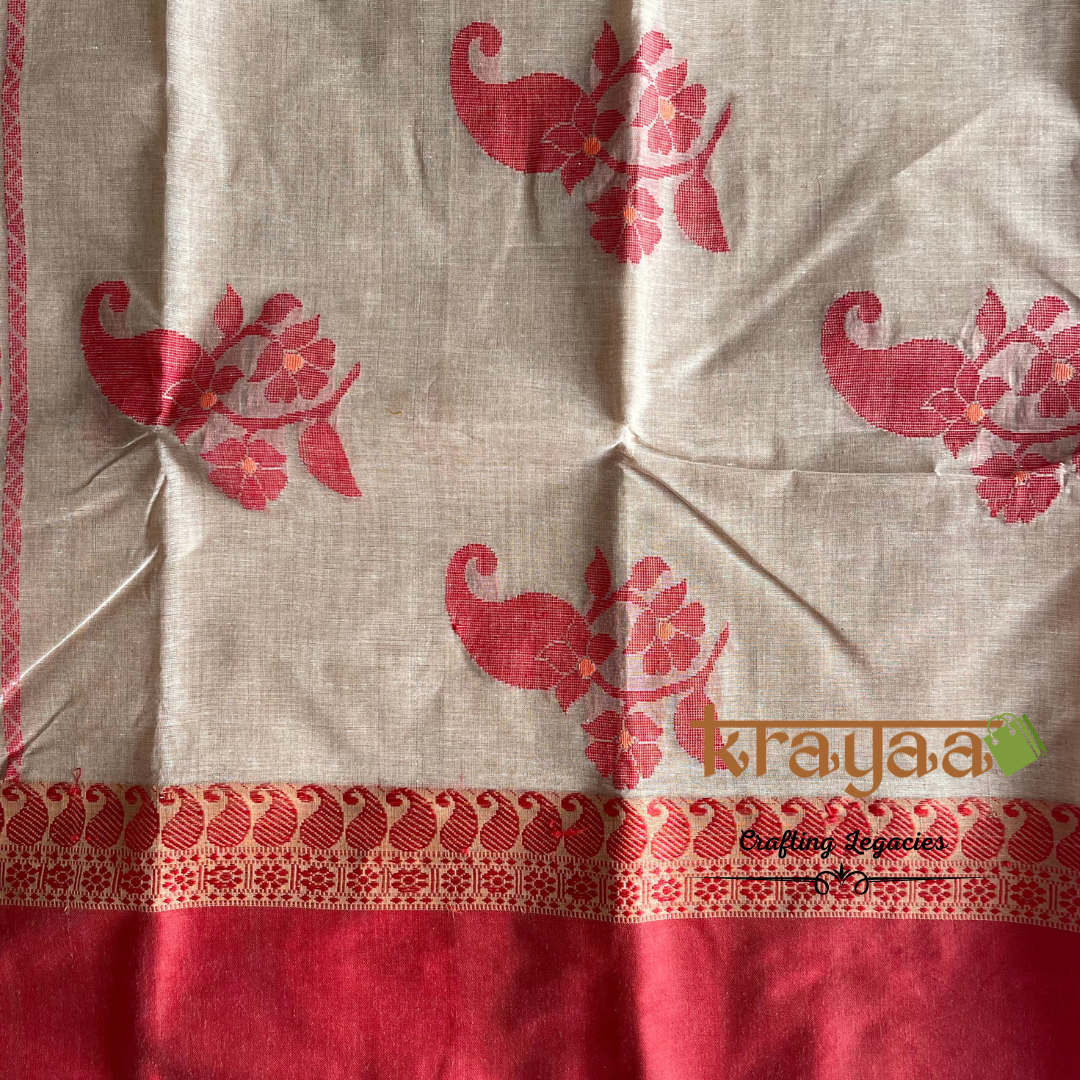 Beige And Brick Red - Hand woven - Bengal Cotton Saree