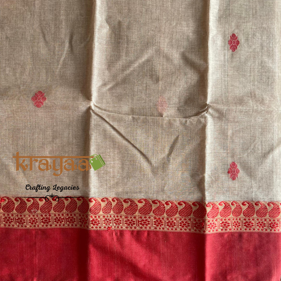 Beige And Brick Red - Hand woven - Bengal Cotton Saree