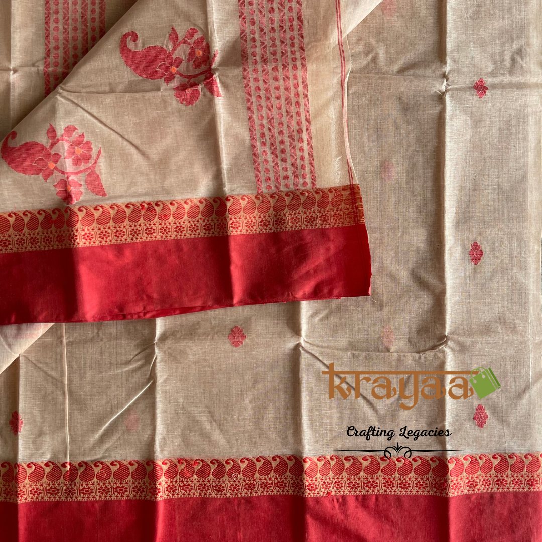 Beige And Brick Red - Hand woven - Bengal Cotton Saree