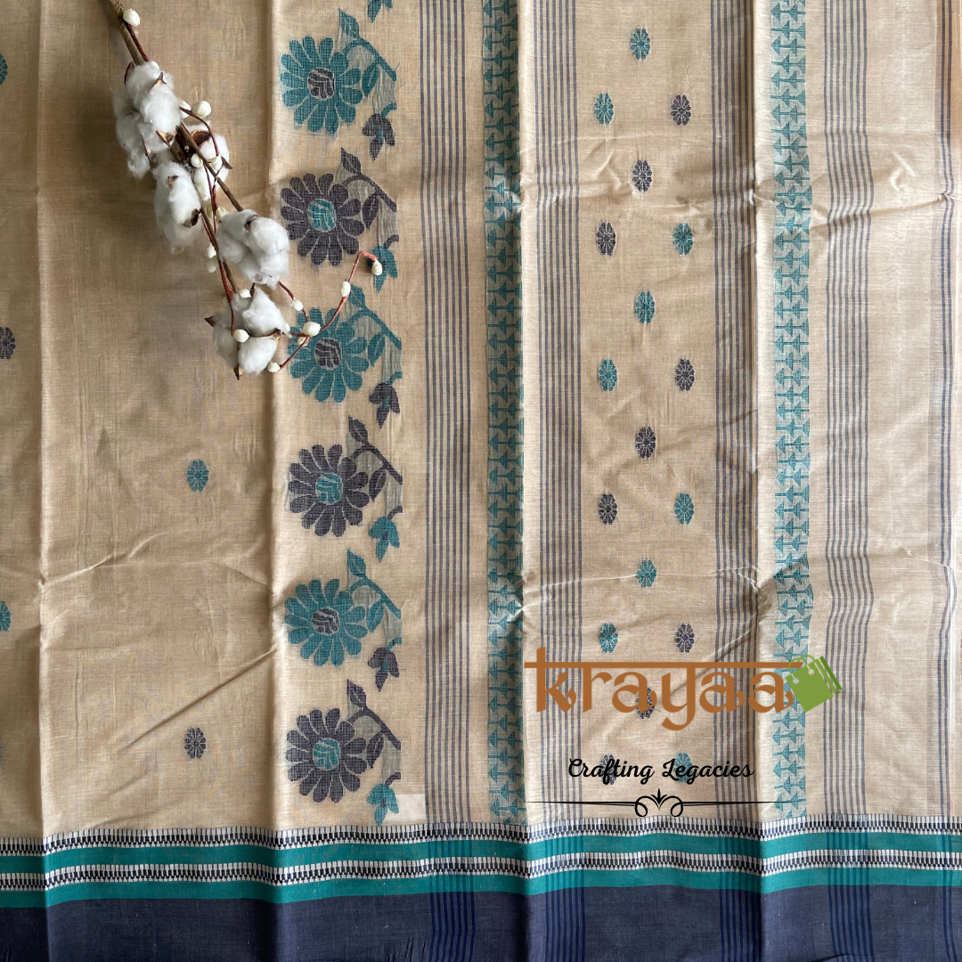 Beige with Blue- Hand woven - Bengal Cotton Saree