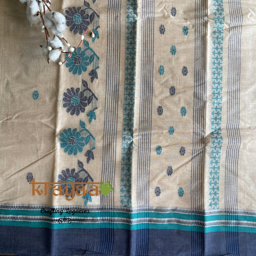 Beige with Blue- Hand woven - Bengal Cotton Saree