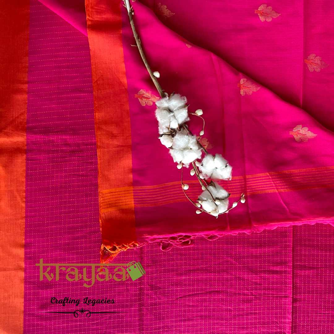 Pink With Orange Border - Hand woven - Bengal Cotton Saree