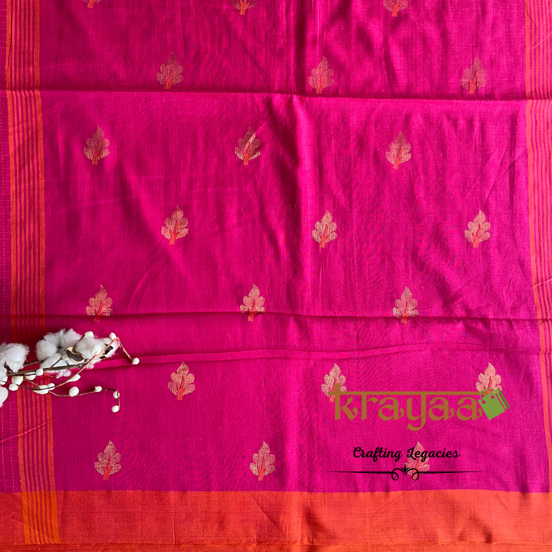 Pink With Orange Border - Hand woven - Bengal Cotton Saree