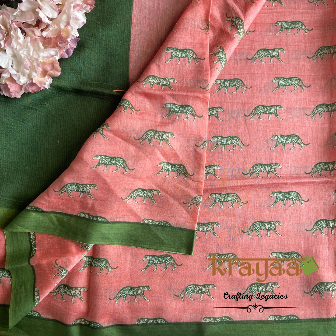 Peachish Pink and Green - Hand woven - Soft Mulberry Silk Saree
