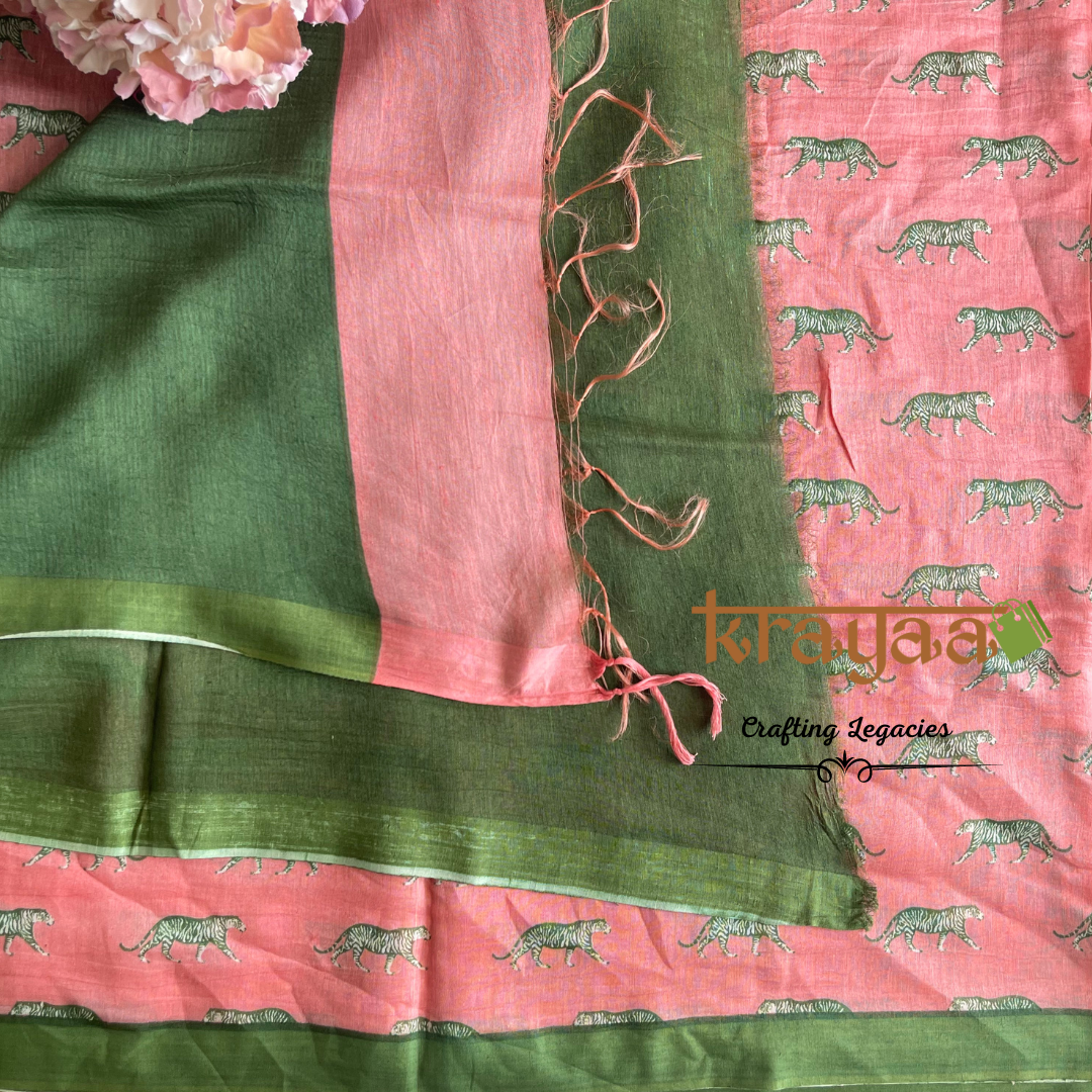 Peachish Pink and Green - Hand woven - Soft Mulberry Silk Saree