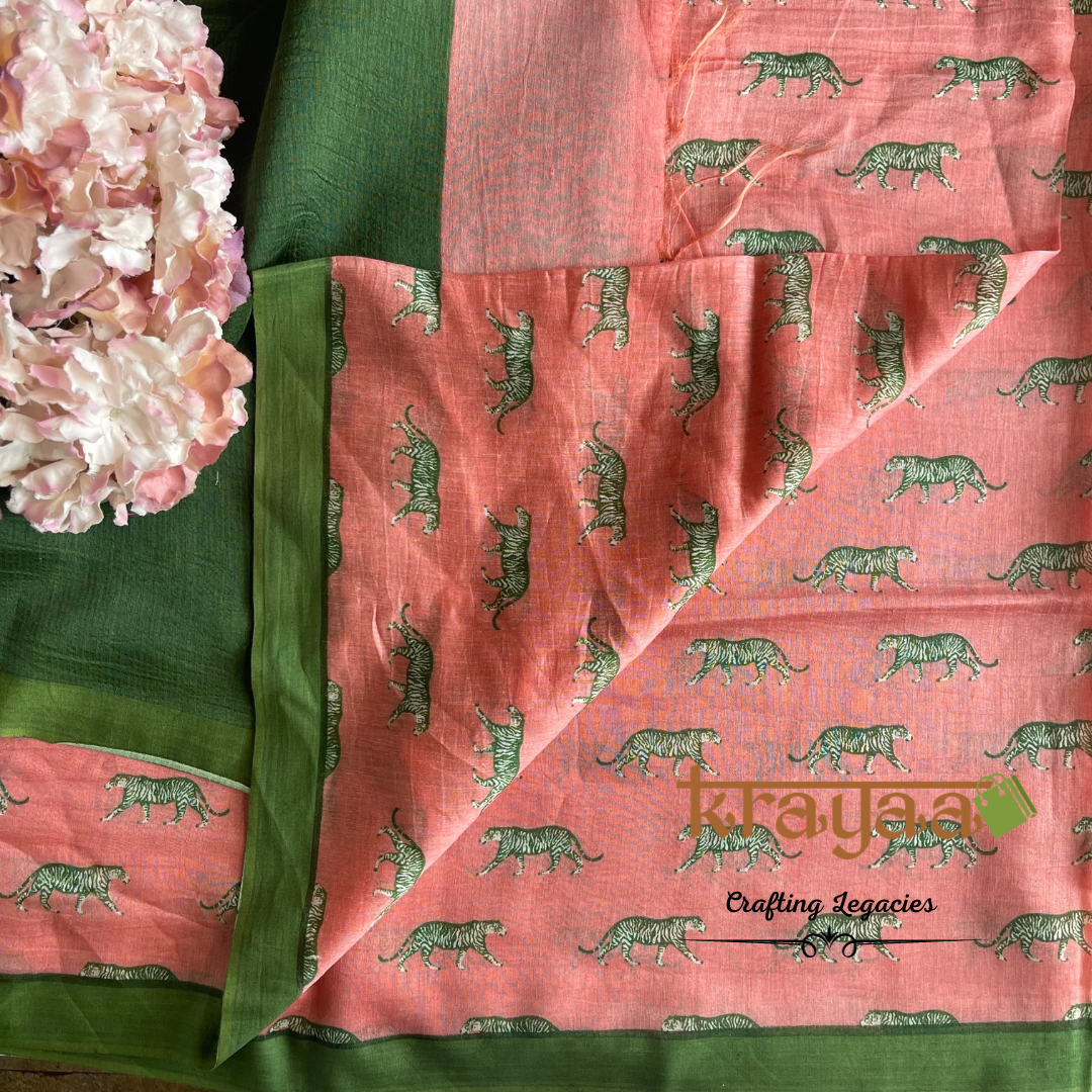 Peachish Pink and Green - Hand woven - Soft Mulberry Silk Saree