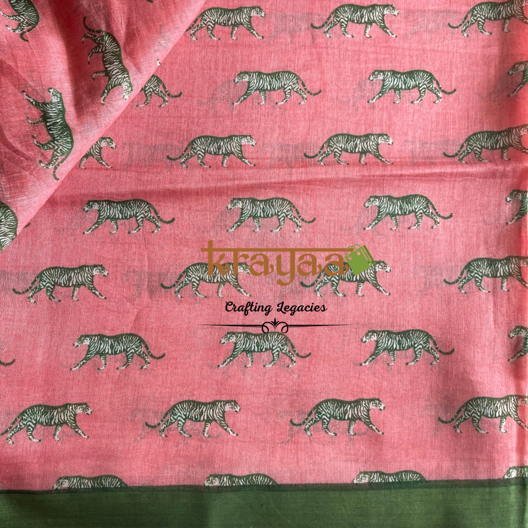 Peachish Pink and Green - Hand woven - Soft Mulberry Silk Saree
