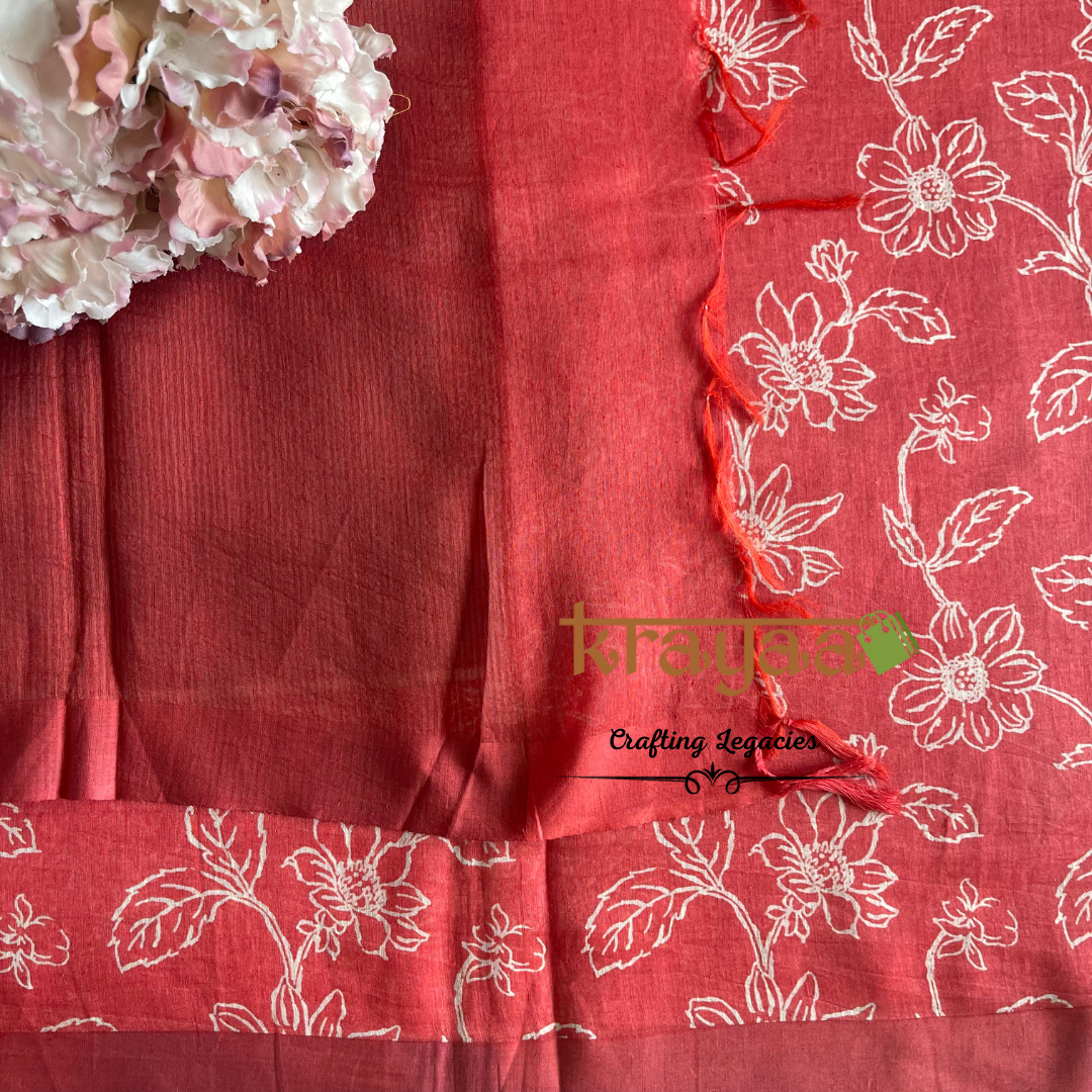 Orangish Red - Hand woven - Soft Mulberry Silk Saree