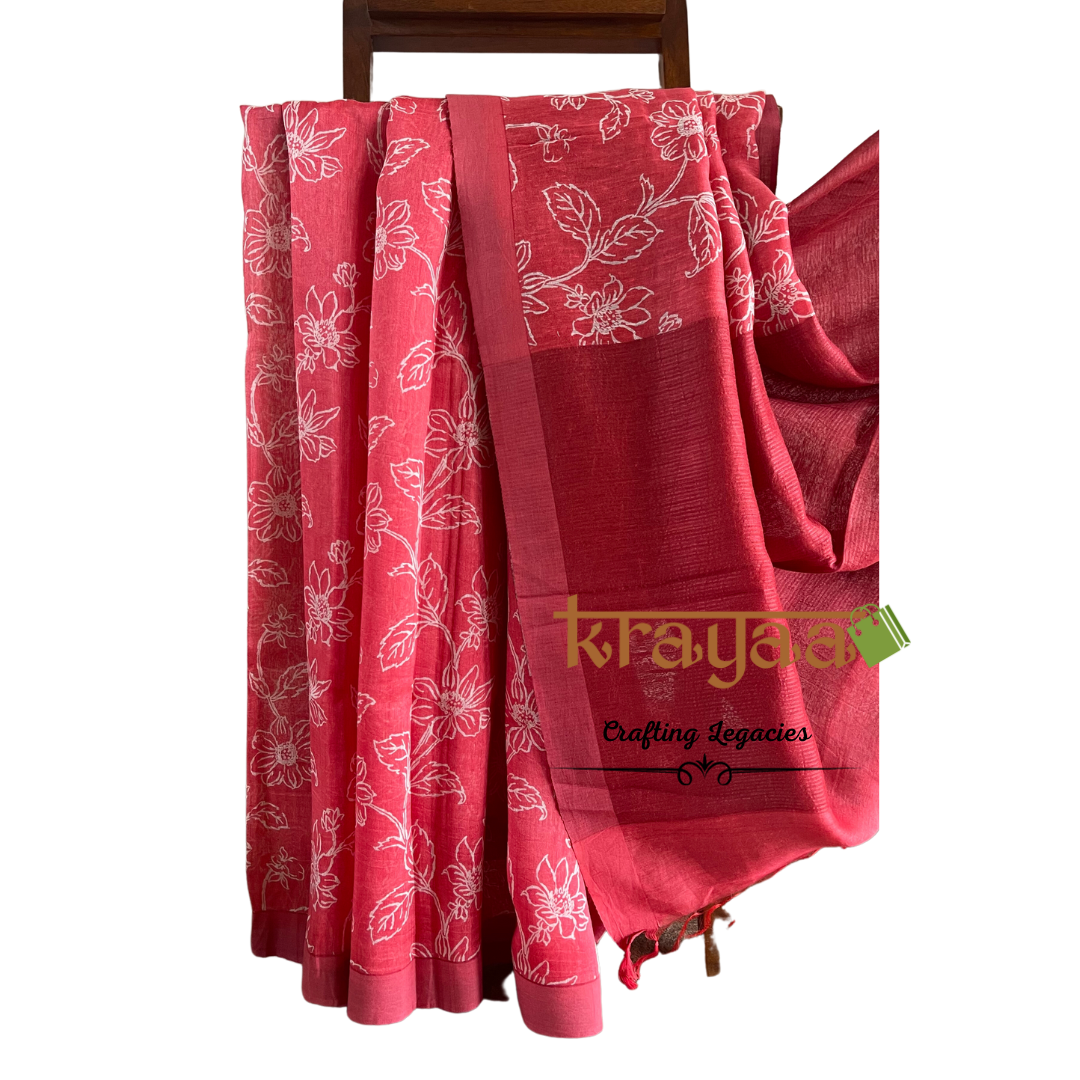 Orangish Red - Hand woven - Soft Mulberry Silk Saree