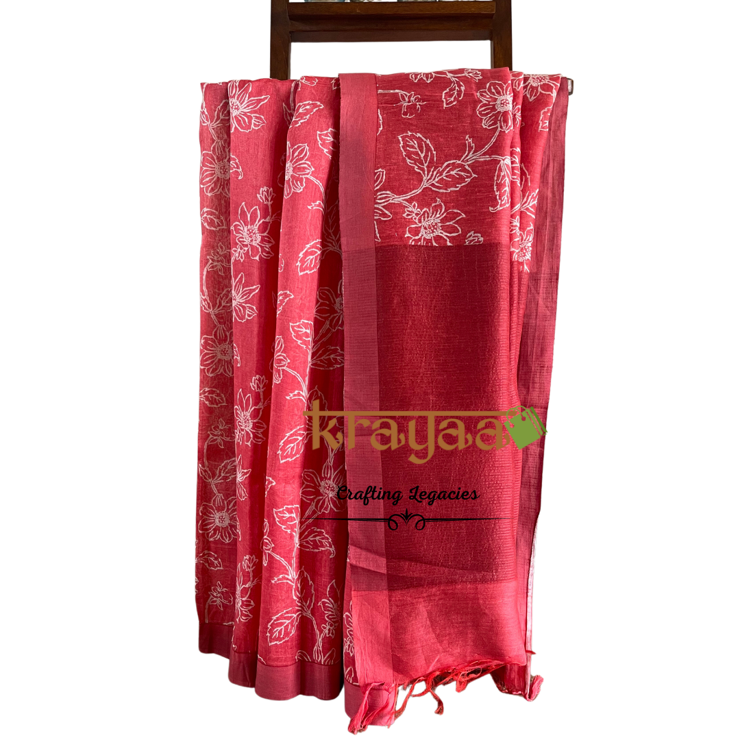 Orangish Red - Hand woven - Soft Mulberry Silk Saree