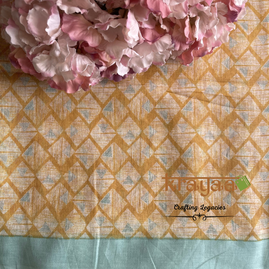 Mustard Yellow with Blue - Hand woven - Soft Mulberry Silk Saree
