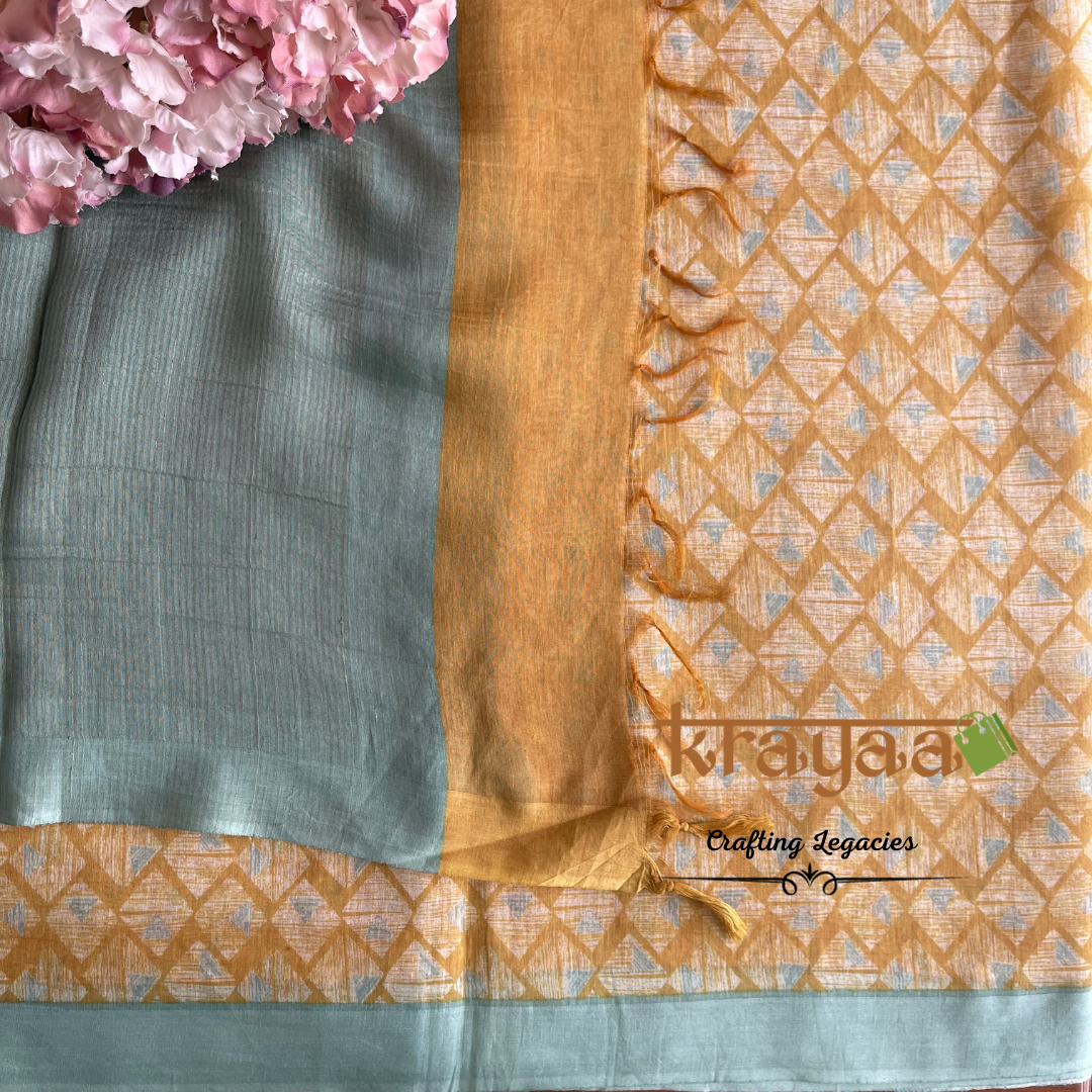 Mustard Yellow with Blue - Hand woven - Soft Mulberry Silk Saree