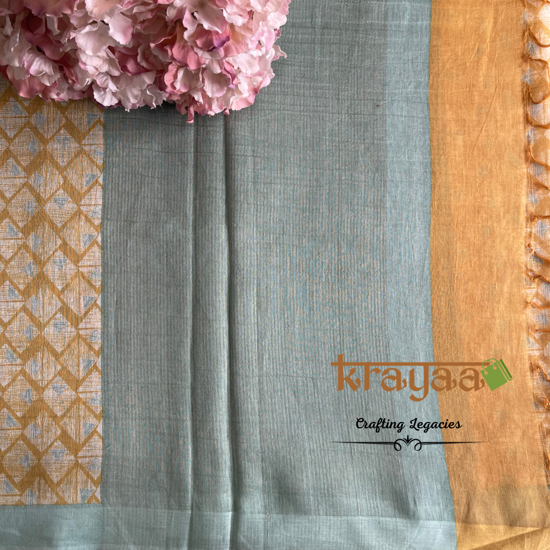 Mustard Yellow with Blue - Hand woven - Soft Mulberry Silk Saree