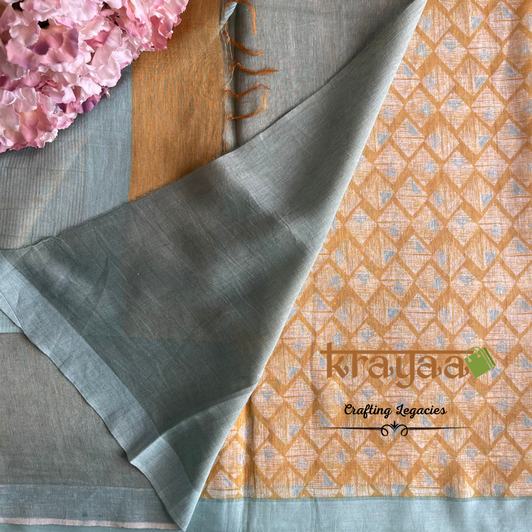 Mustard Yellow with Blue - Hand woven - Soft Mulberry Silk Saree