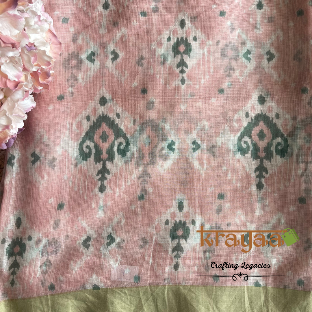 Baby Pink with Moss Green - Hand woven - Soft Mulberry Silk Saree