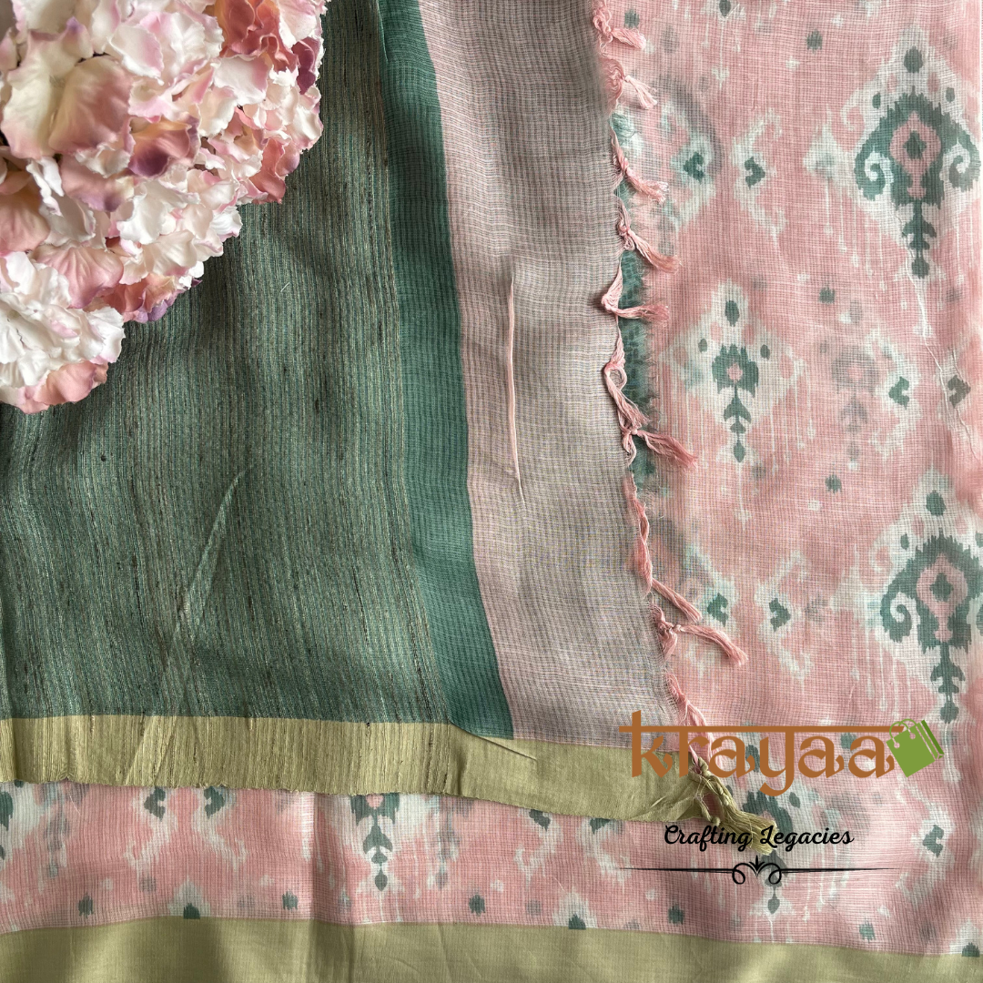 Baby Pink with Moss Green - Hand woven - Soft Mulberry Silk Saree