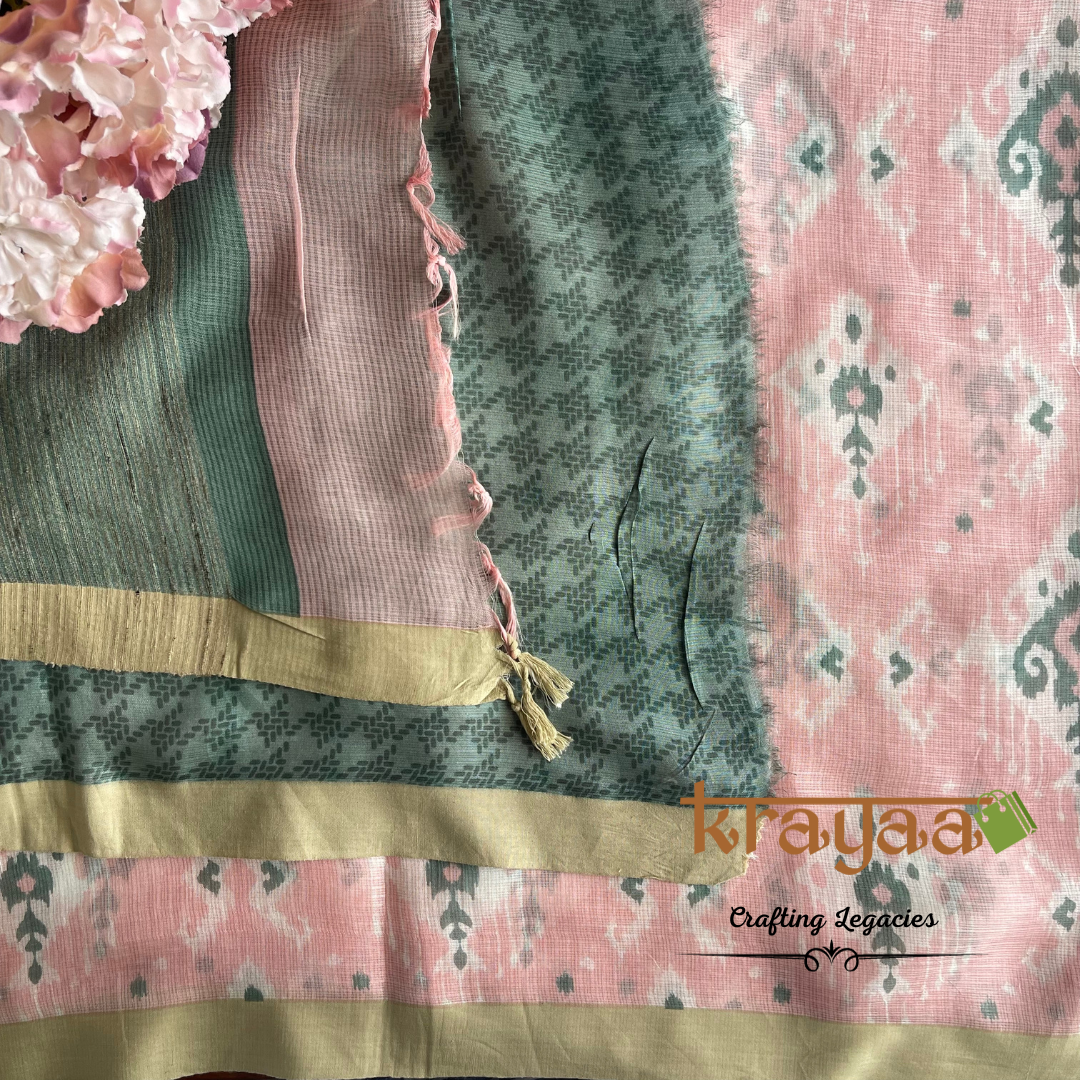 Baby Pink with Moss Green - Hand woven - Soft Mulberry Silk Saree
