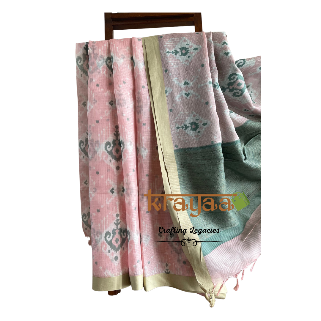 Baby Pink with Moss Green - Hand woven - Soft Mulberry Silk Saree