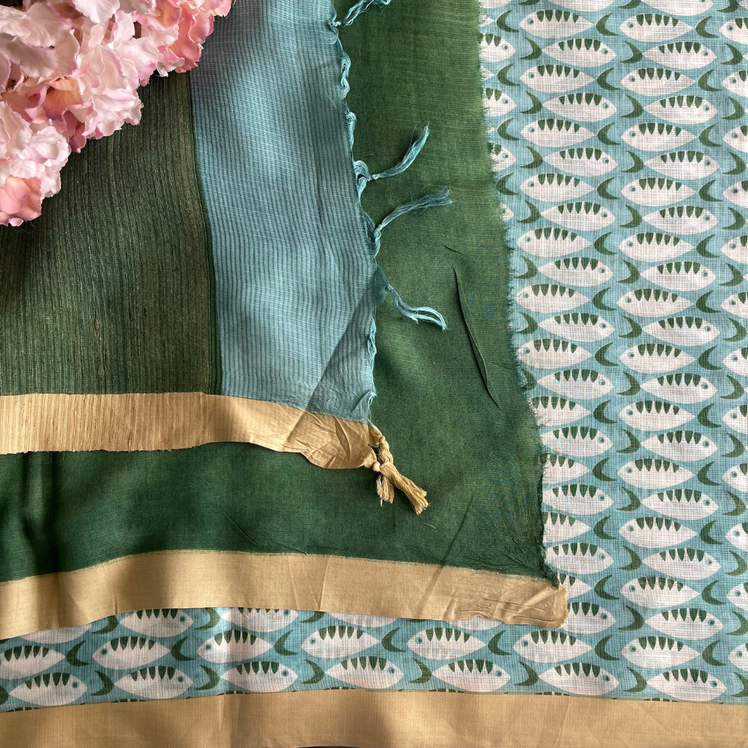 Blue and Green - Hand woven - Soft Mulberry Silk Saree