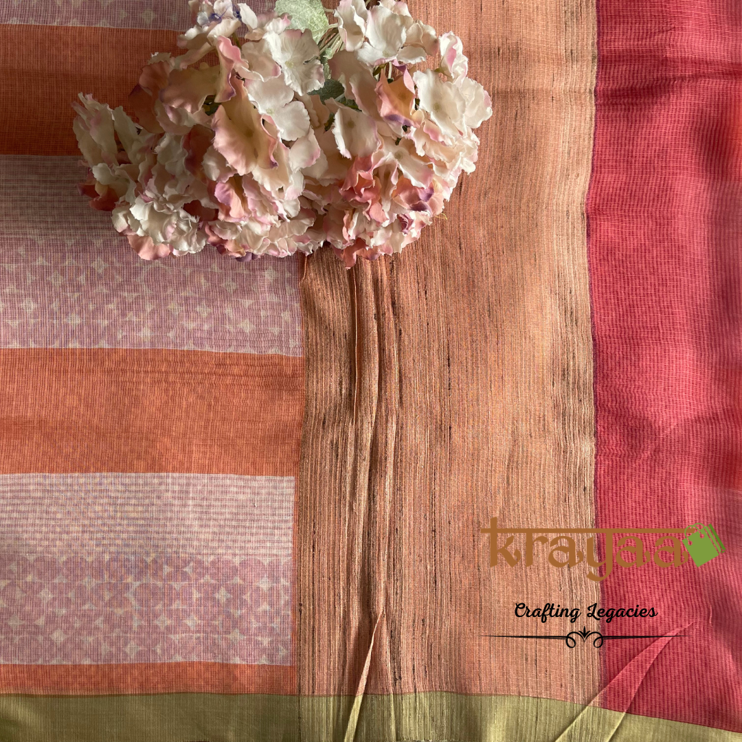 Peaches and Pinks - Hand woven - Soft Mulberry Silk Saree