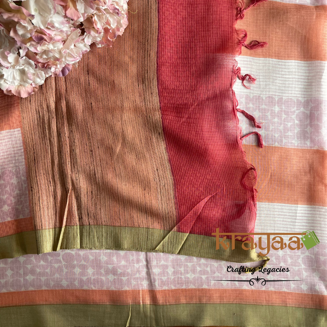 Peaches and Pinks - Hand woven - Soft Mulberry Silk Saree