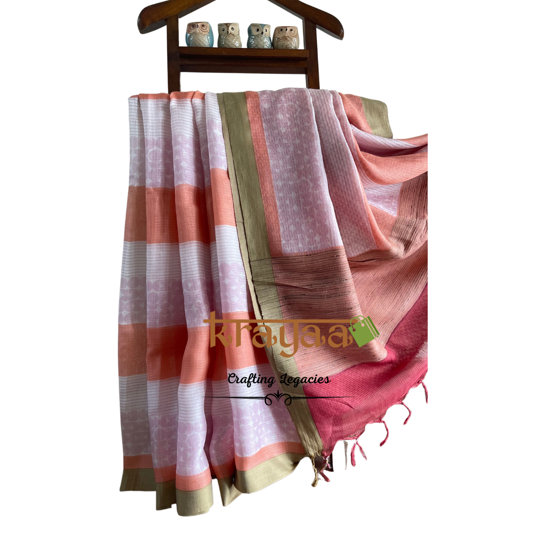 Peaches and Pinks - Hand woven - Soft Mulberry Silk Saree