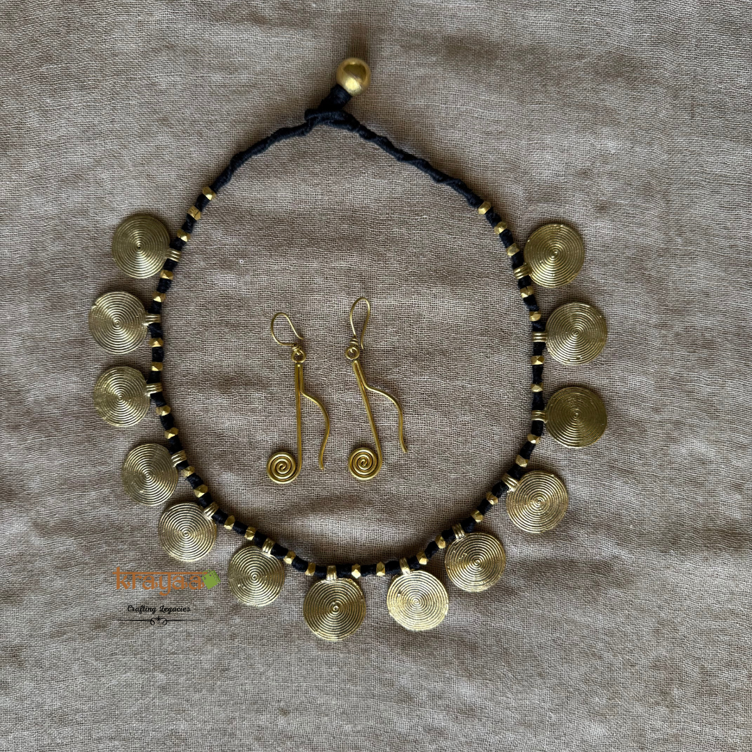 Brass coins necklace in black thread with earrings.