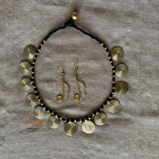 Brass coins necklace in black thread with earrings.
