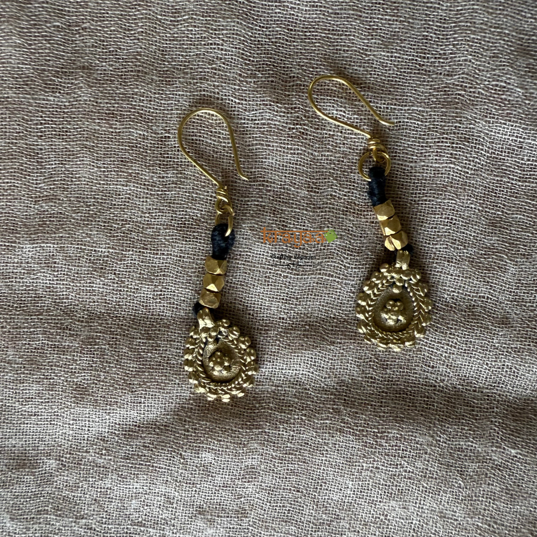 Brass beads long necklace in red and black thread with earrings.