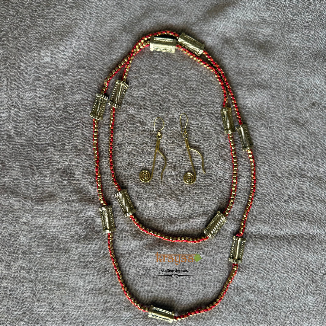 Brass beads long necklace in orange thread with earrings.