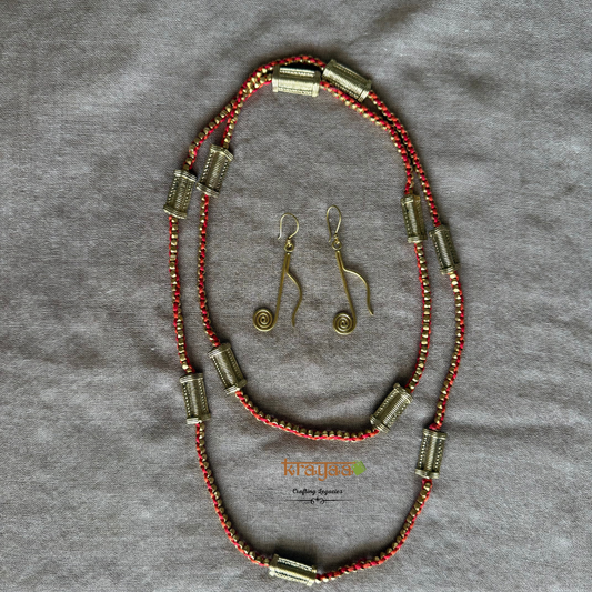 Brass beads long necklace in orange thread with earrings.