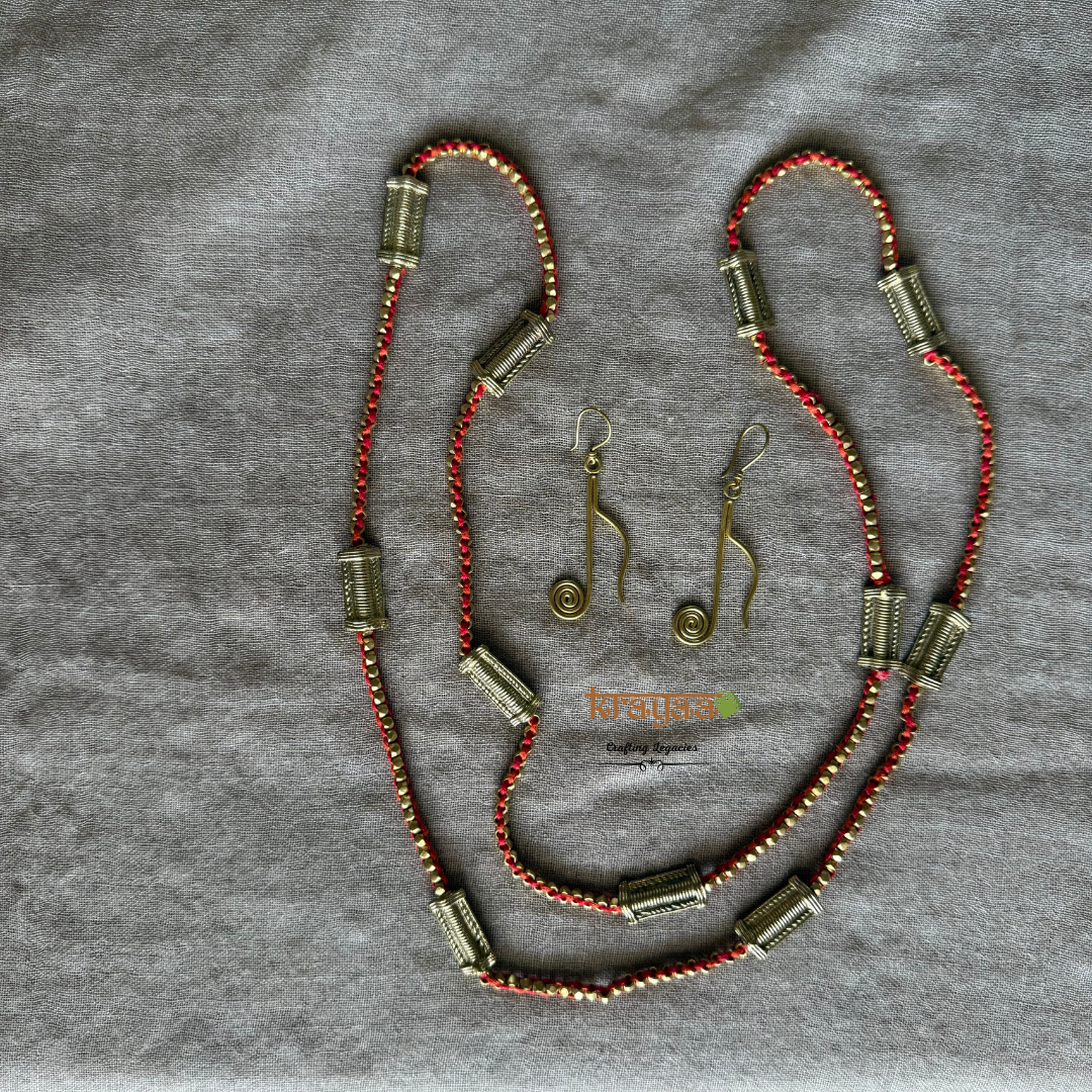 Brass beads long necklace in orange thread with earrings.