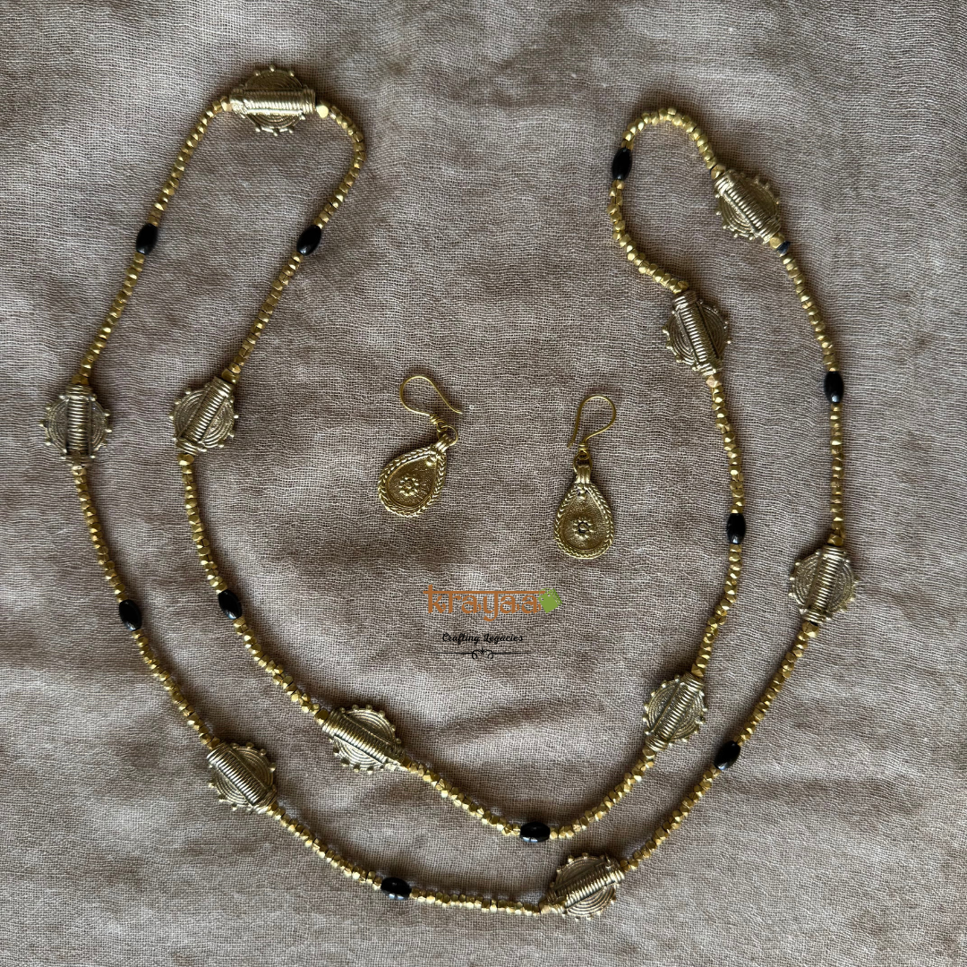 Brass beads long necklace with earrings.