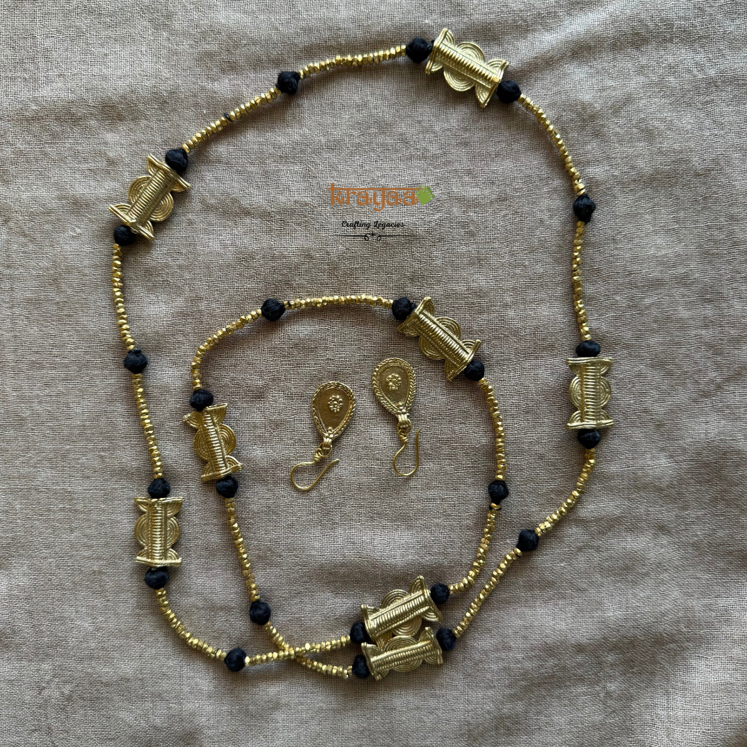Brass beads long necklace with earrings.