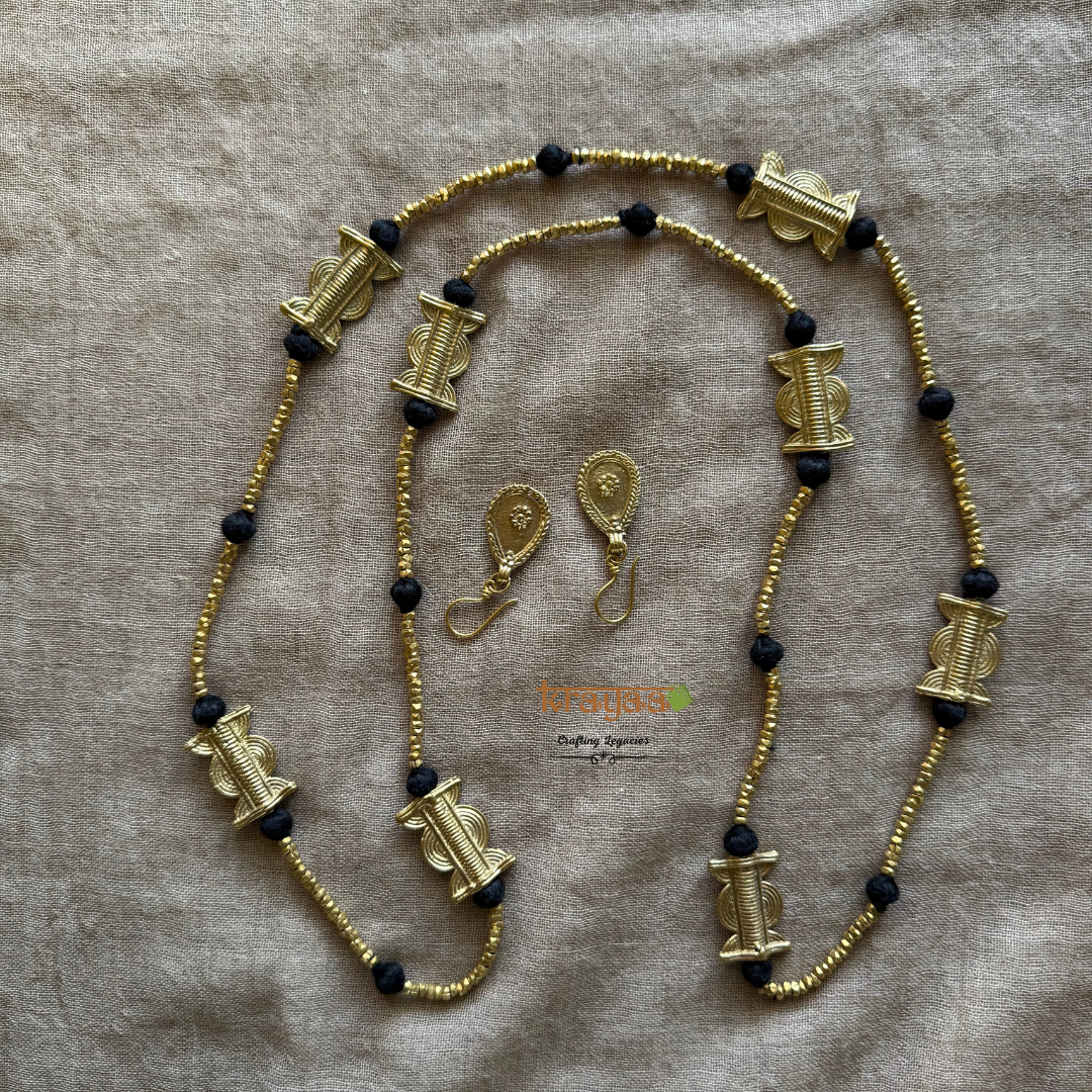 Brass beads long necklace with earrings.