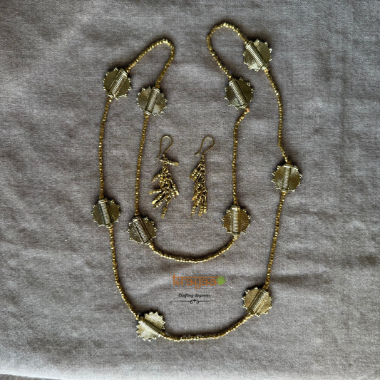 Brass beads long necklace with earrings.