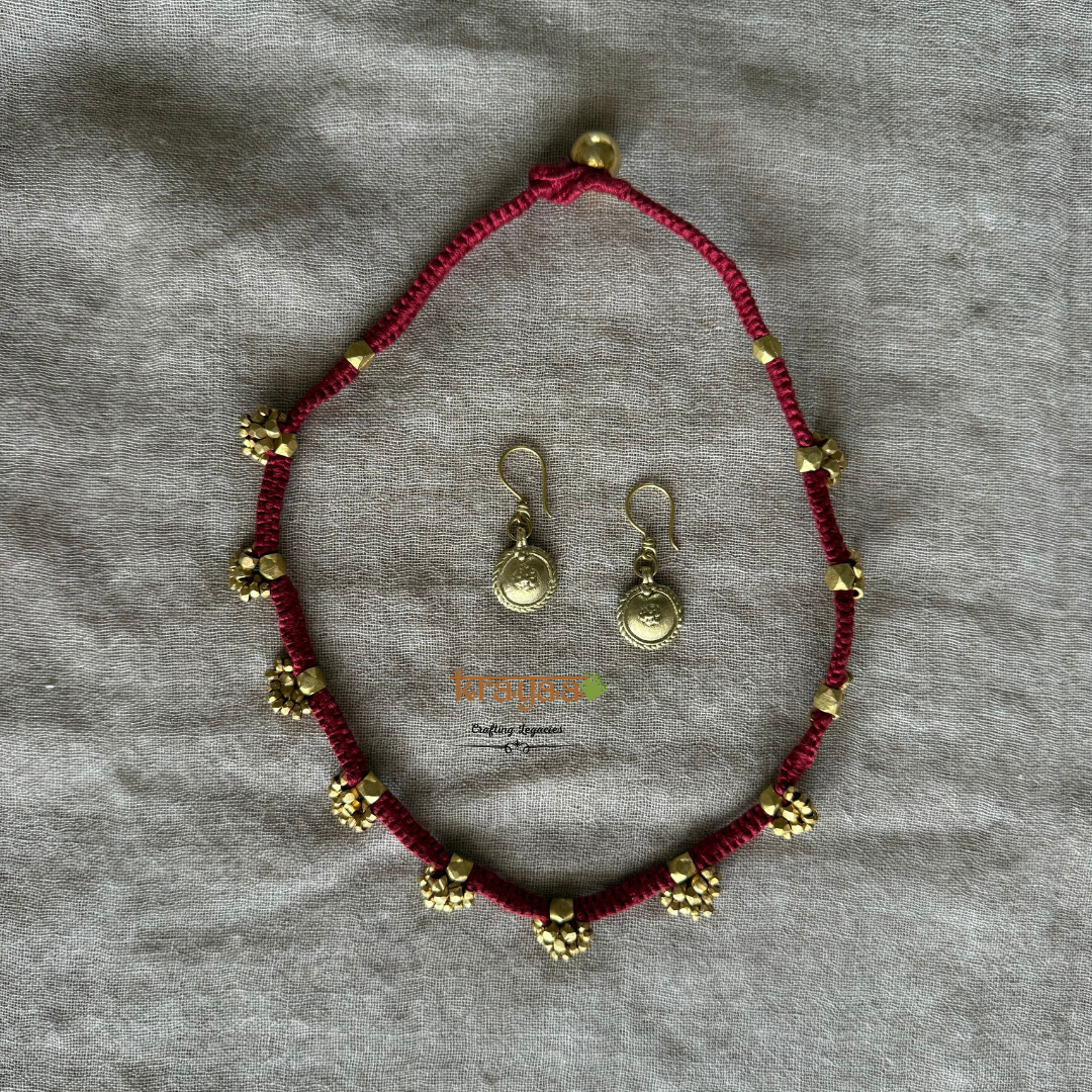 Maroon Small Beads Shot Dhokra Necklace Set