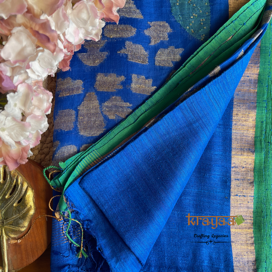Royal Blue- Handwoven - Matka Silk saree with embellished  Pallu