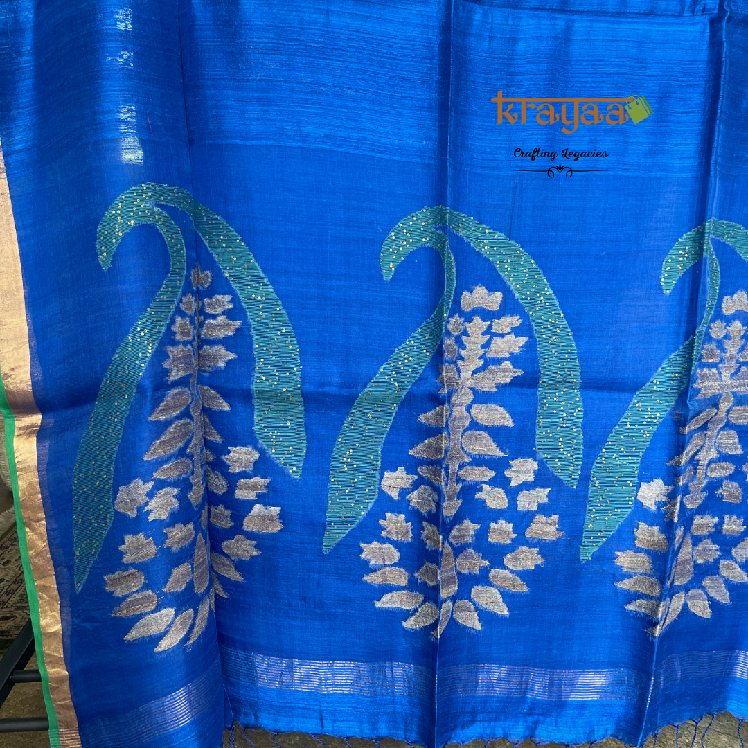 Royal Blue- Handwoven - Matka Silk saree with embellished  Pallu