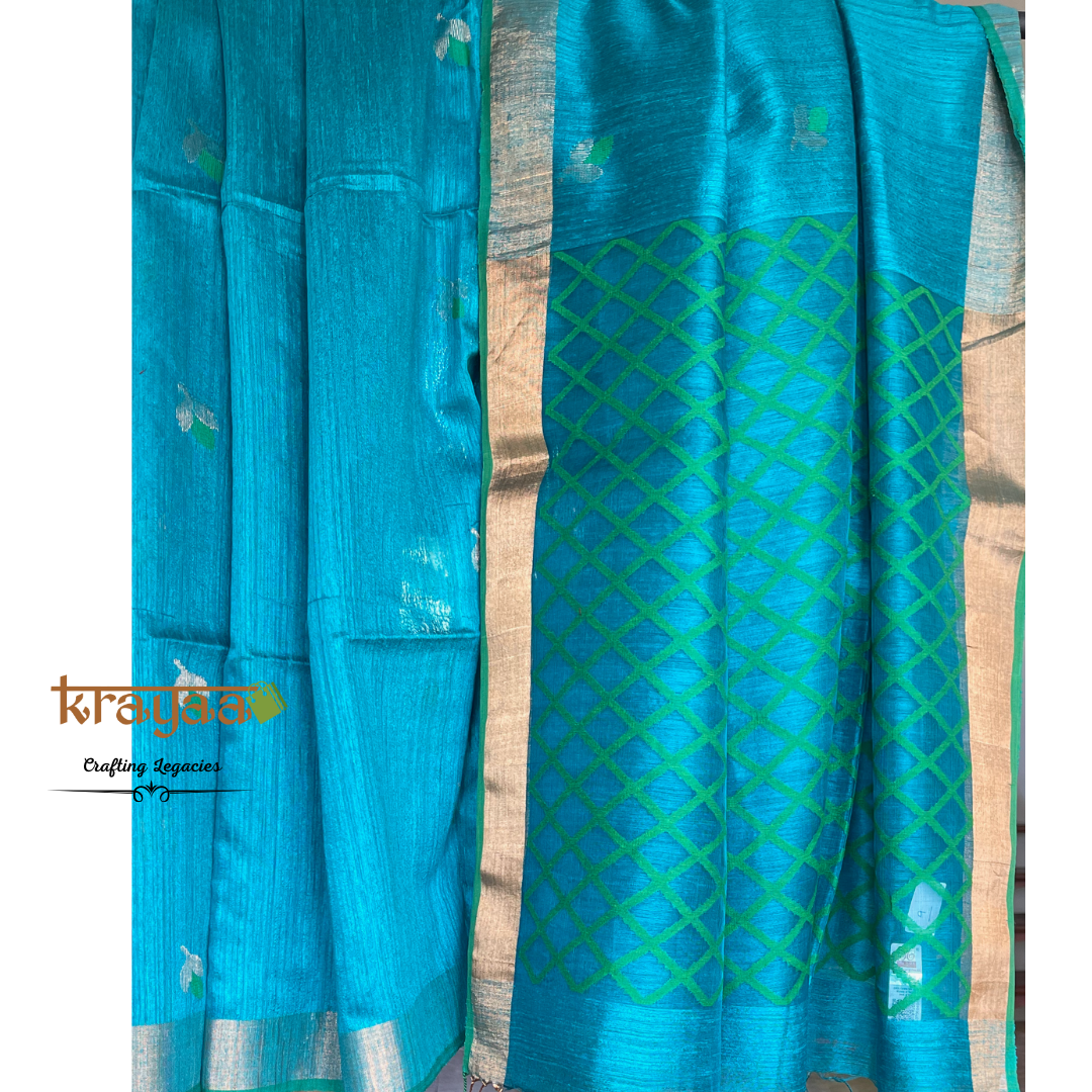Teal Blue - Hand woven - Matka Silk saree