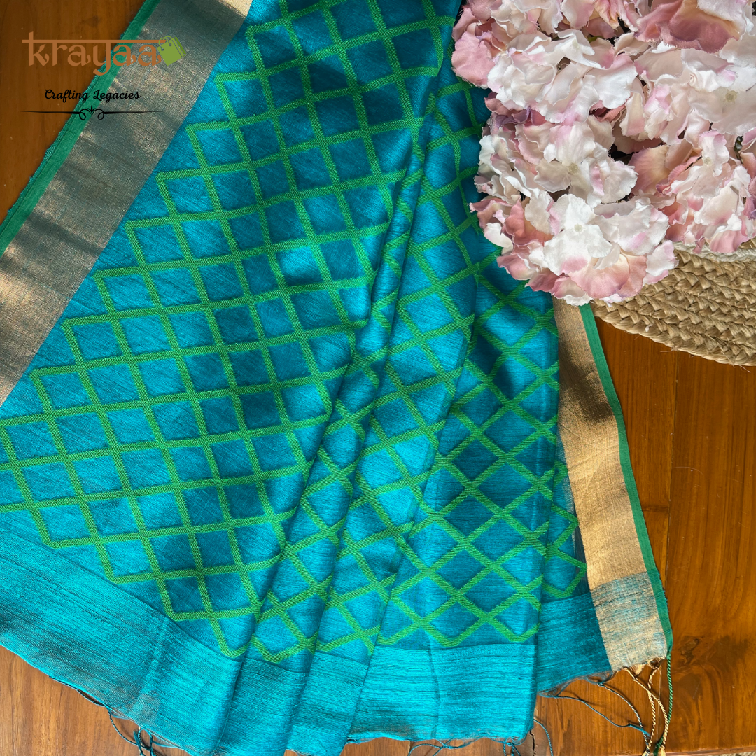 Teal Blue - Hand woven - Matka Silk saree