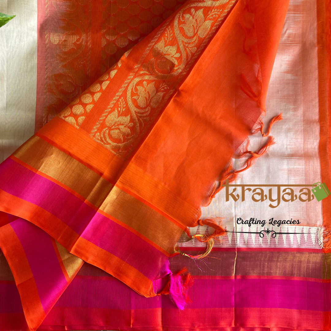 Handwoven - Kuppadam Silk Cotton Saree - Offwhite with pink and orange border