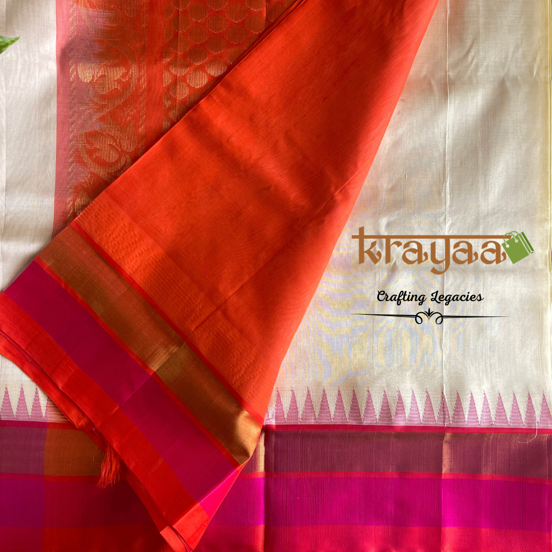 Handwoven - Kuppadam Silk Cotton Saree - Offwhite with pink and orange border