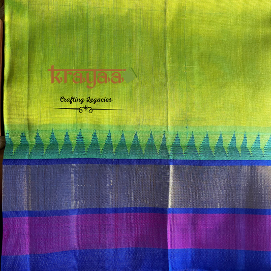 Handwoven - Kuppadam Silk Cotton Saree - Green with purple and blue border