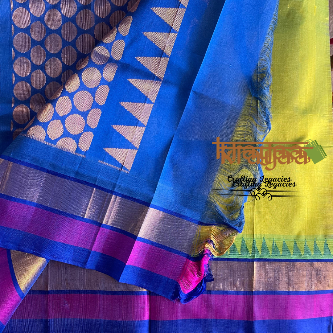 Handwoven - Kuppadam Silk Cotton Saree - Green with purple and blue border